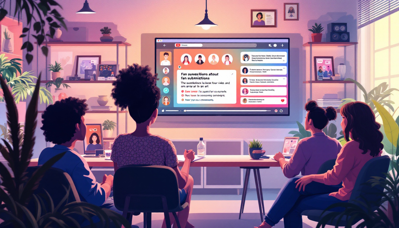 YouTube creator in their colorful studio showcasing fan art and videos onscreen with a friendly vibe that highlights respect and safety.