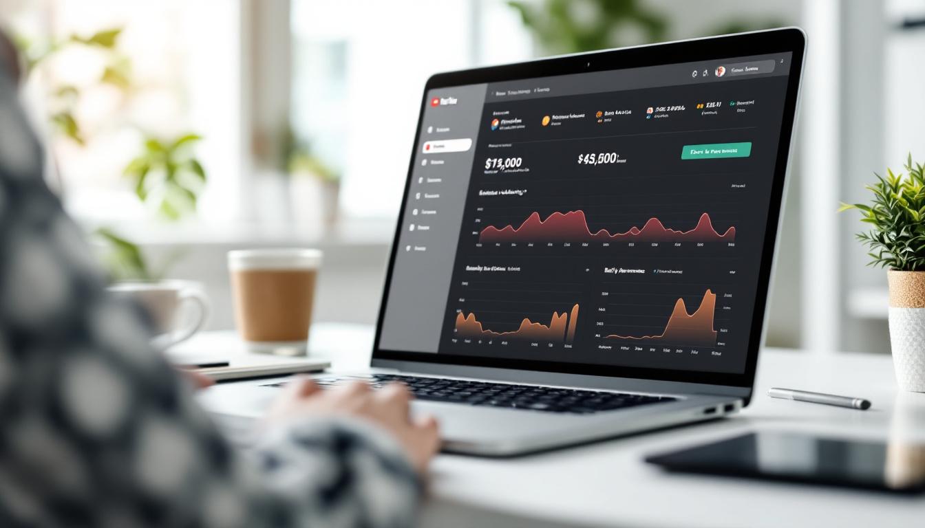 YouTube earnings dashboard with date range selector and earnings data on a laptop screen
