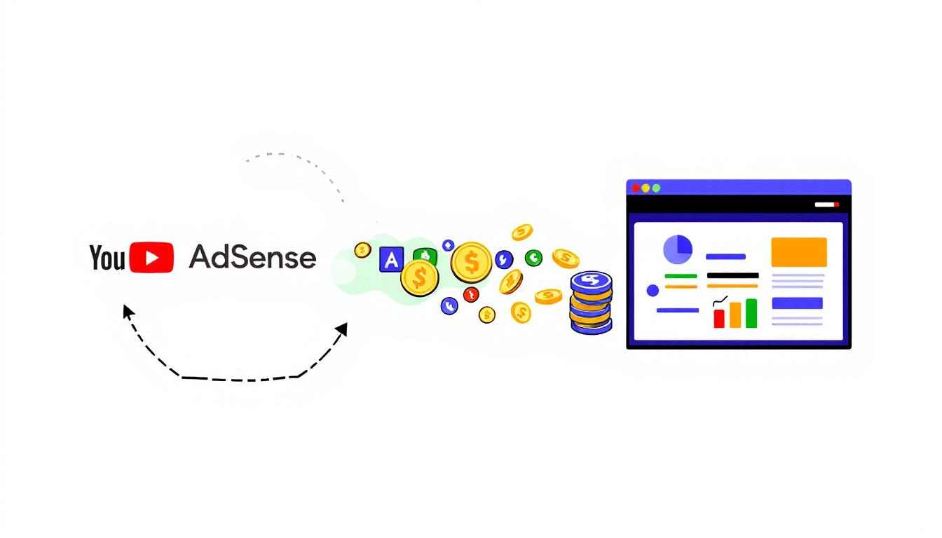 Illustration showing YouTube logo connected to Google AdSense with coins flowing, depicting the monetization flow