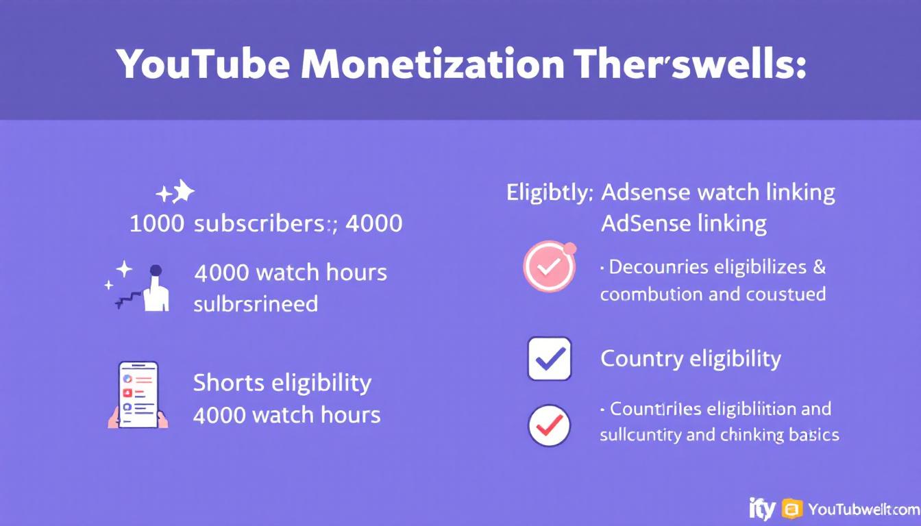 ইউটিউব মনিটাইজেশনের জন্য মূল যোগ্যতার ছবিঃ ১০০০ সাবস্ক্রাইবার, ৪০০০ ঘণ্টা ওয়াচ আওয়ার, শর্টস ভিউ, এবং নিরাপত্তা - Image generated by AI