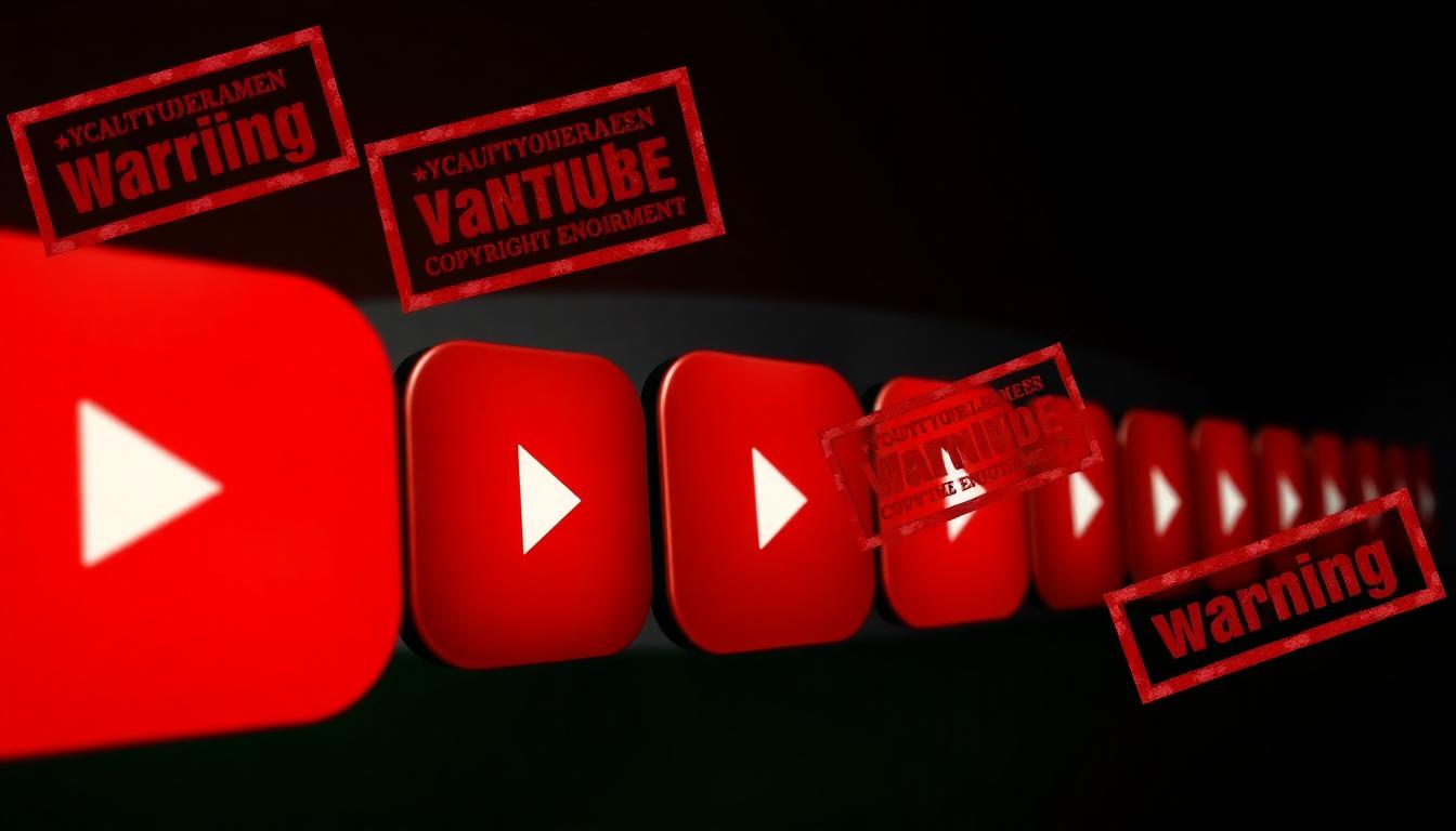 YouTube play buttons overlaid with red copyright warning stamps and a subtle courtroom scene, Indian flag colors in the background symbolizing the pressure on Indian creators