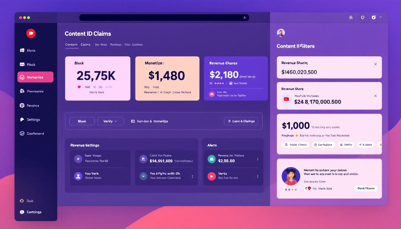 A clean YouTube Studio-style dashboard showing Content ID claims, filters, and revenue sharing settings on a modern interface, with icons for block, monetize, verify, and alerts; vibrant colors, flat design, easy to read. Image created with AI.