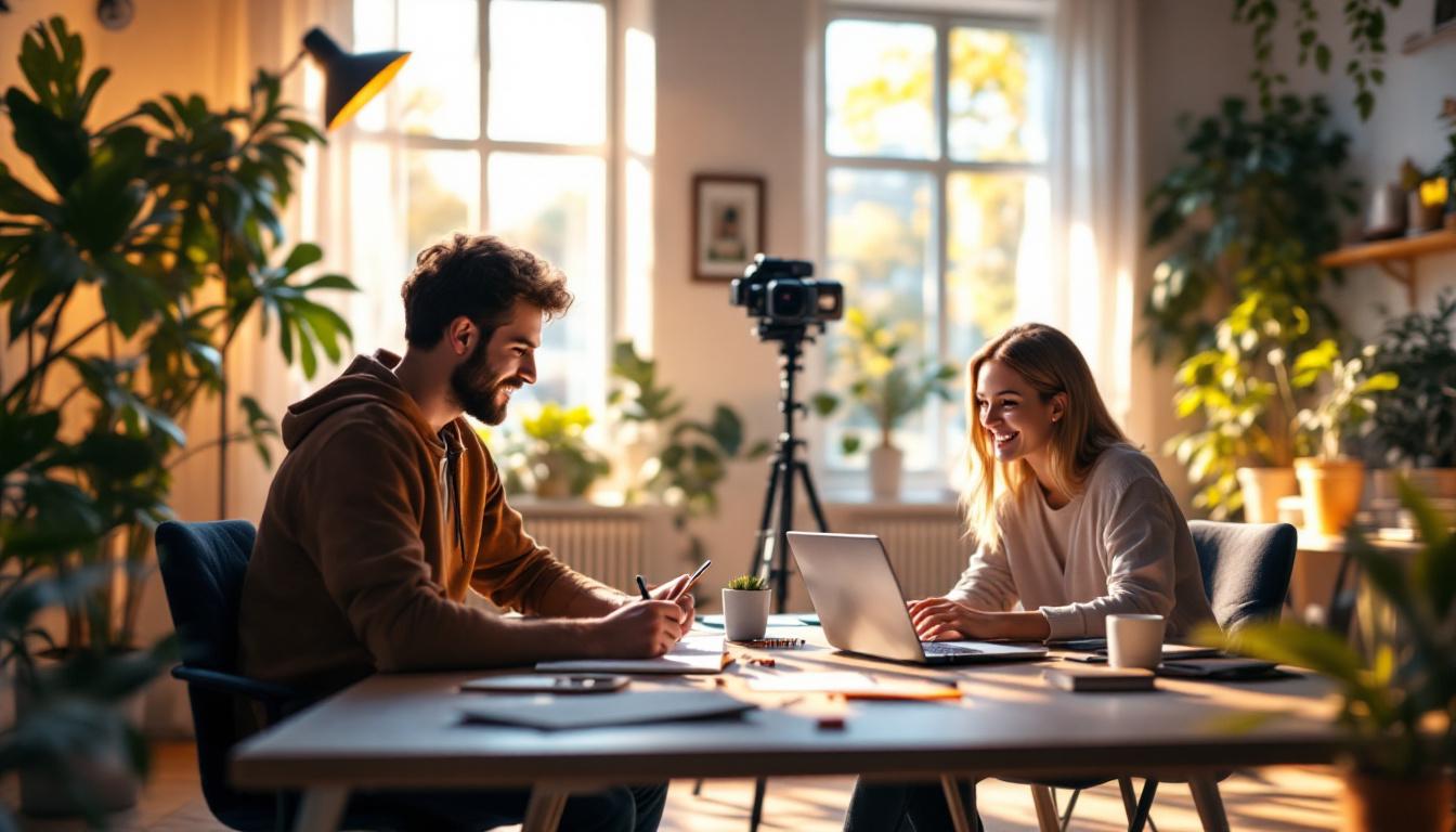 Two YouTube creators planning a guest collaboration in a modern studio, with notebooks and equipment ready, friendly and focused session. Image created with AI.