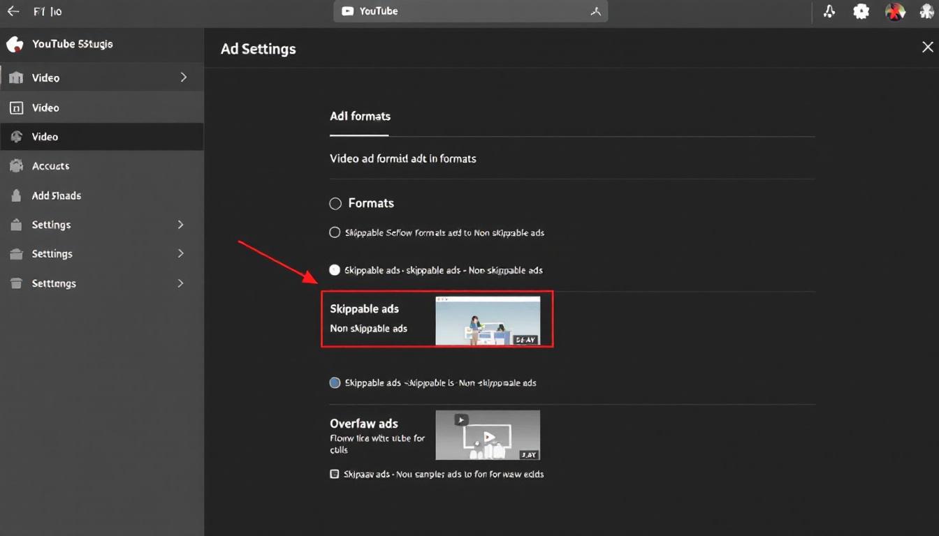 YouTube Studio Video Ad Format Settings showing enabled ad types
