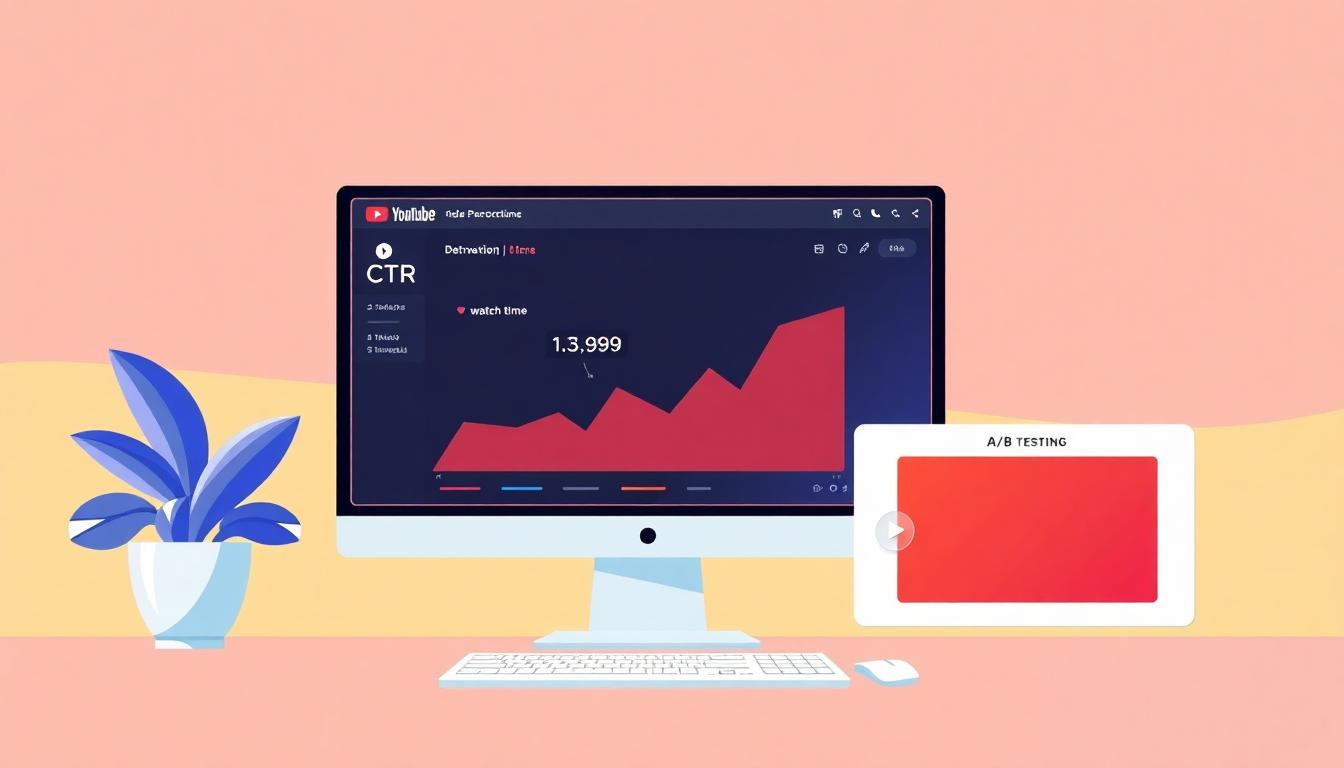 YouTube video performance dashboard showing analytics graphs and thumbnails being tested