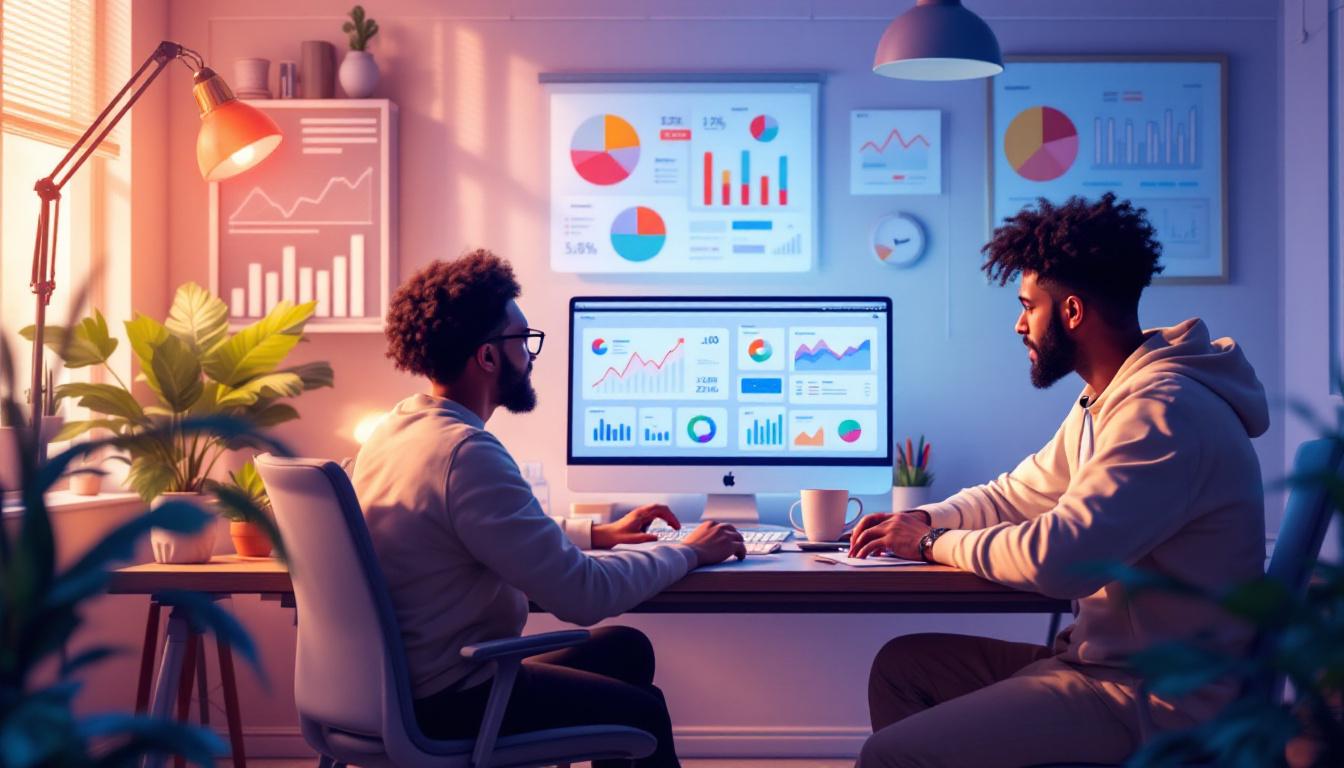 Two YouTubers at a desk reviewing charts and analytics on a laptop screen with enthusiasm and thoughtful expression, studio setting, realistic AI generation