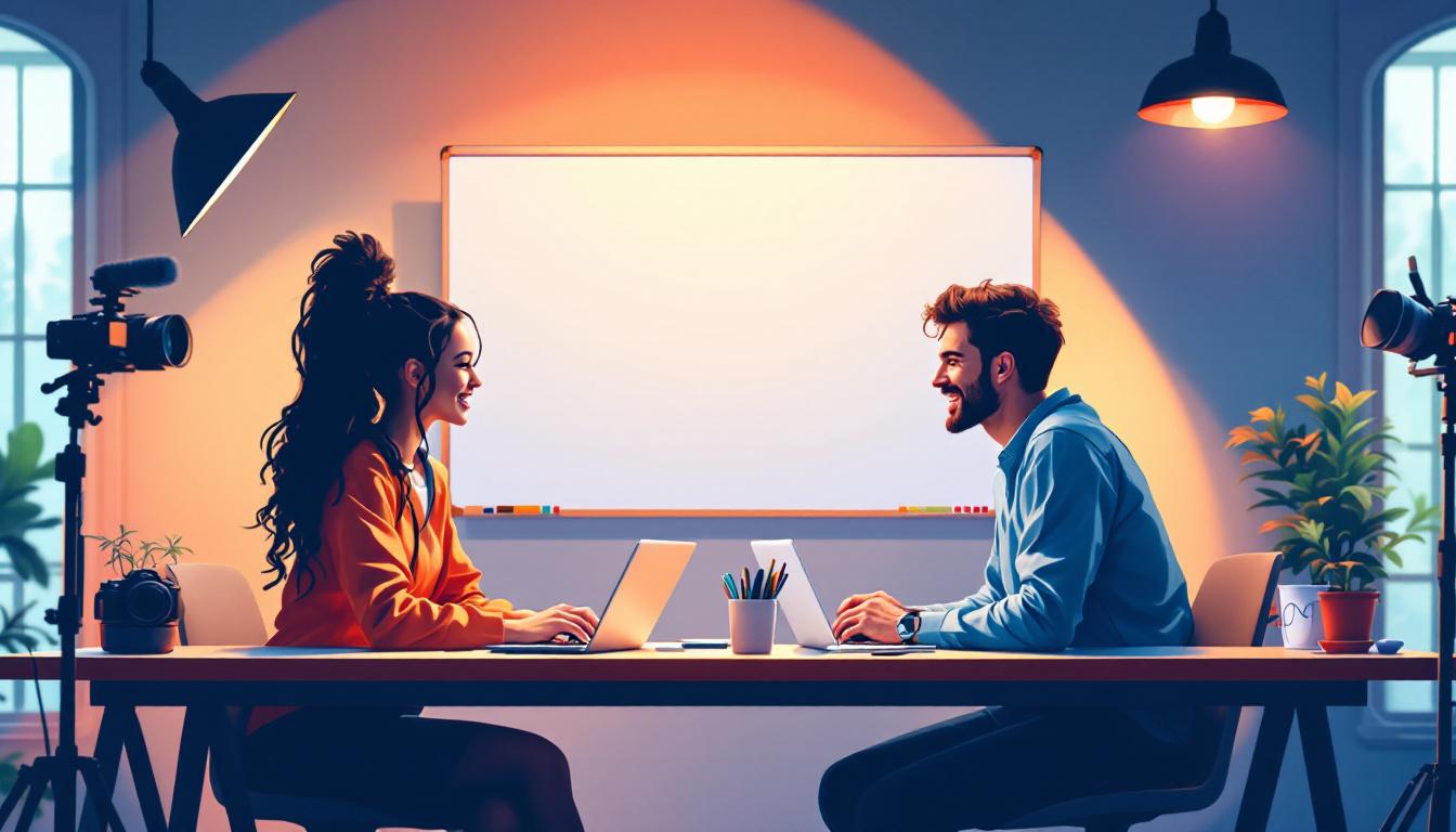 Two YouTubers planning collaboration together at a studio desk, surrounded by laptops and cameras, mapping out ideas
