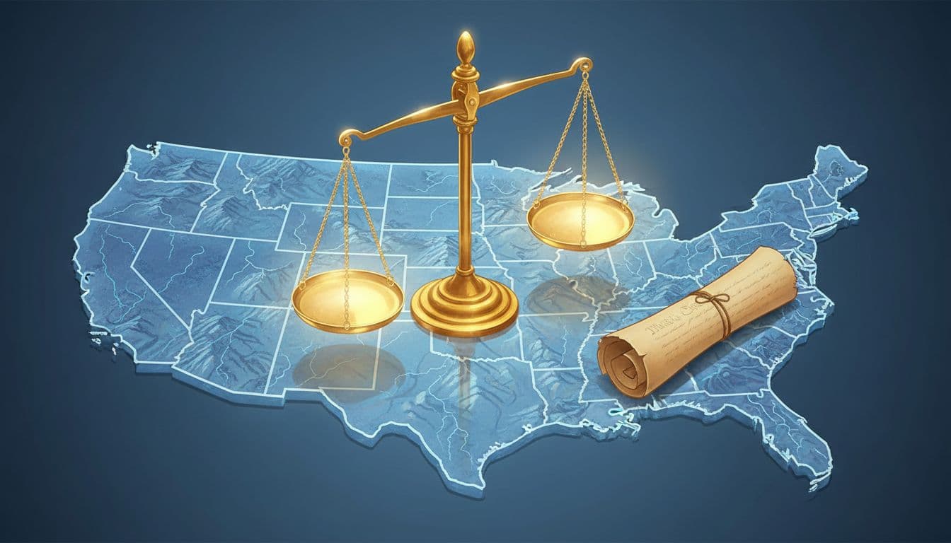 Symbolic image of balanced golden scales of justice over a subtle outline map of the United States, with a rolled US Constitution parchment nearby. Soft blue and gold lighting in an illustrative style with realistic details.