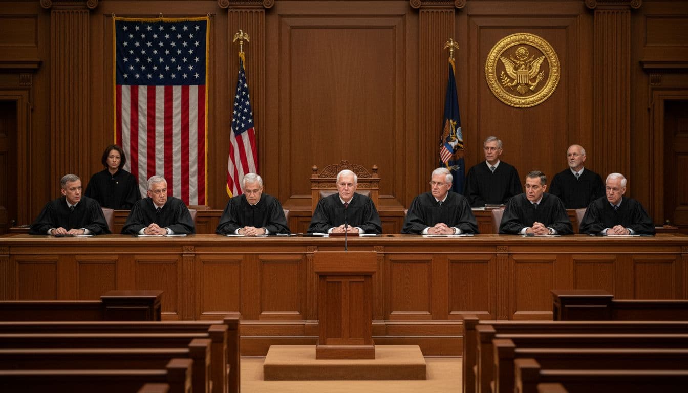 Realistic depiction of the Supreme Court courtroom interior during oral arguments, featuring exactly nine justices in black robes seated behind the long wooden bench with paneling, pillars, American flag, and warm lighting from above, one empty podium, no audience or additional elements.