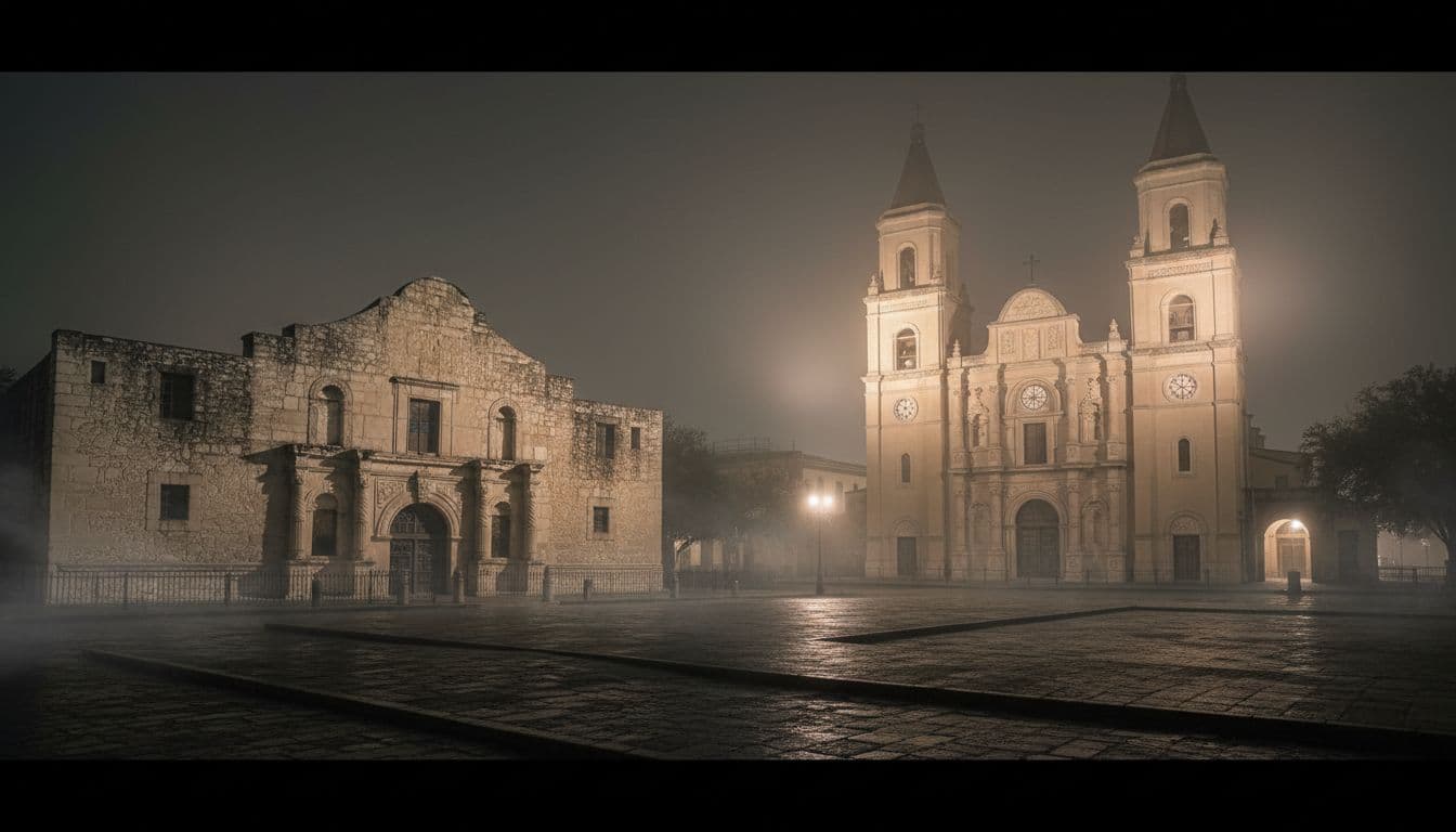Iconic haunted sites in San Antonio at night featuring the Alamo facade and San Fernando Cathedral under streetlights, with an empty plaza shrouded in faint mist and dramatic shadows.