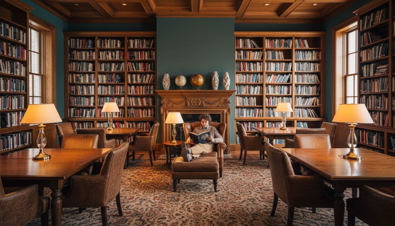 Cozy library inside Hotel Emma San Antonio featuring floor-to-ceiling bookshelves packed with books, leather armchairs, wooden tables, and warm lamp lighting. Exactly one person lounges in an armchair reading a book with feet up.