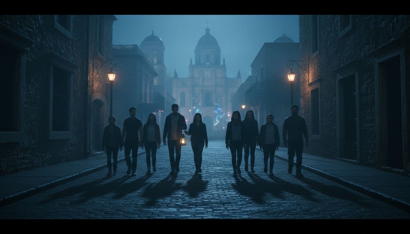 A small group of eight tourists and one guide walks at a relaxed pace along a dimly lit historic street in downtown San Antonio at night, with old stone buildings like the Alamo and cathedral in the misty background under cool blue moonlight and warm street lamp glows.