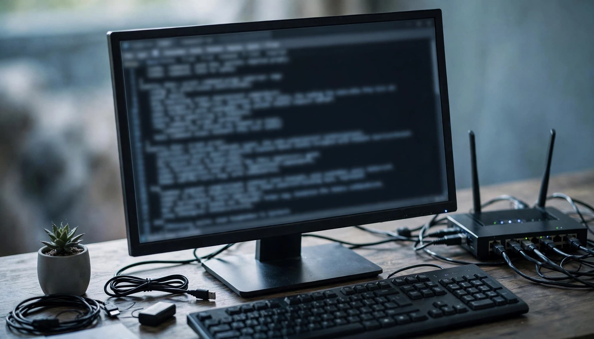 A monitor with blurred command lines sits beside a keyboard and network router.