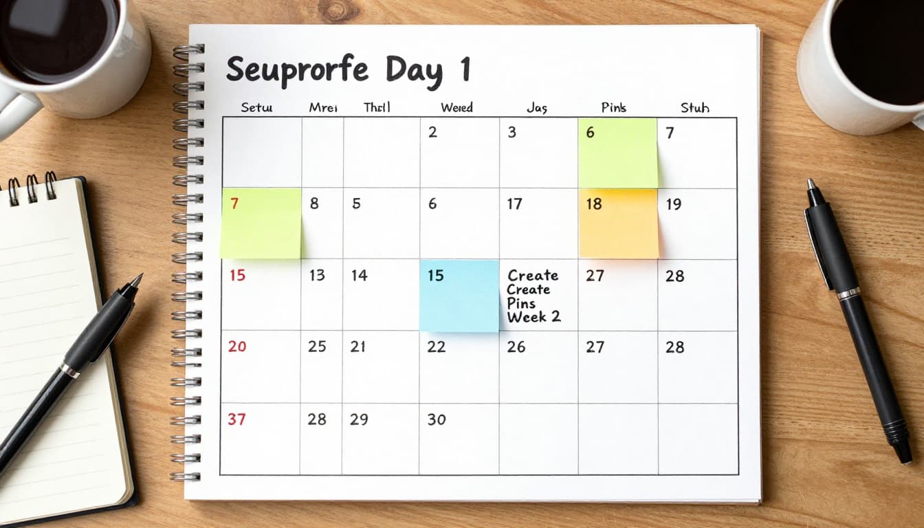 Realistic still life photo of a 30-day desk planner calendar marked with tasks like 'Setup Profile Day 1' and 'Create Pins Week 2' using colored pens and sticky notes on a wooden desk with coffee cup and notebook. Soft natural light creates an organized, motivational mood with clean composition and focus on the calendar.