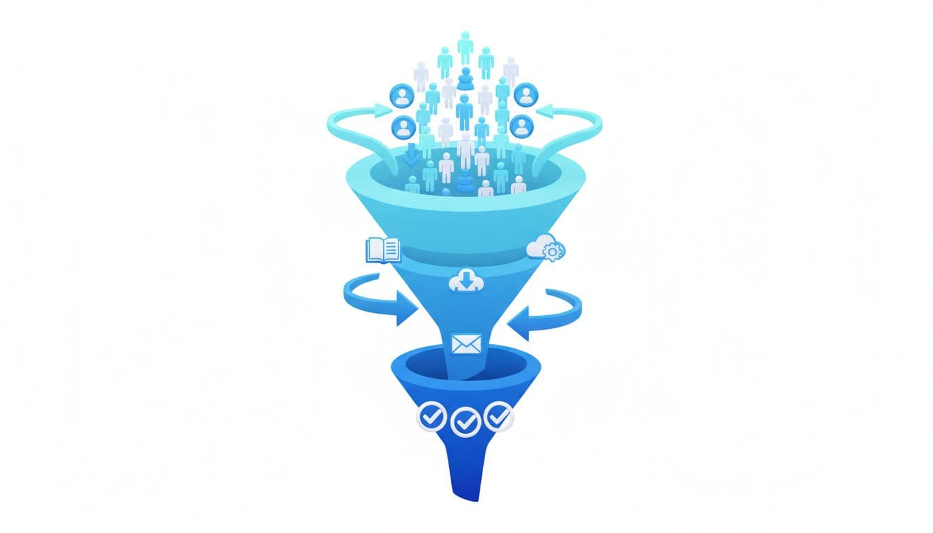 ClickBank Profit Club Founder Membership: What You Get for $495 3 Simple 3D illustration of a sales funnel with visitors at the top, leads in the middle, and buyers at the bottom, featuring smooth downward arrows and blue gradient colors.