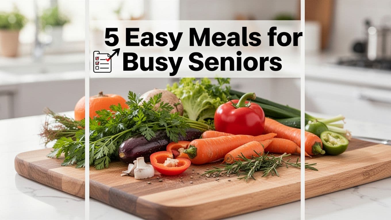 Vibrant close-up of fresh vegetables and herbs on a cutting board in a minimalist Pinterest pin design, featuring bold title overlay '5 Easy Meals for Busy Seniors' and subtle checklist arrow.