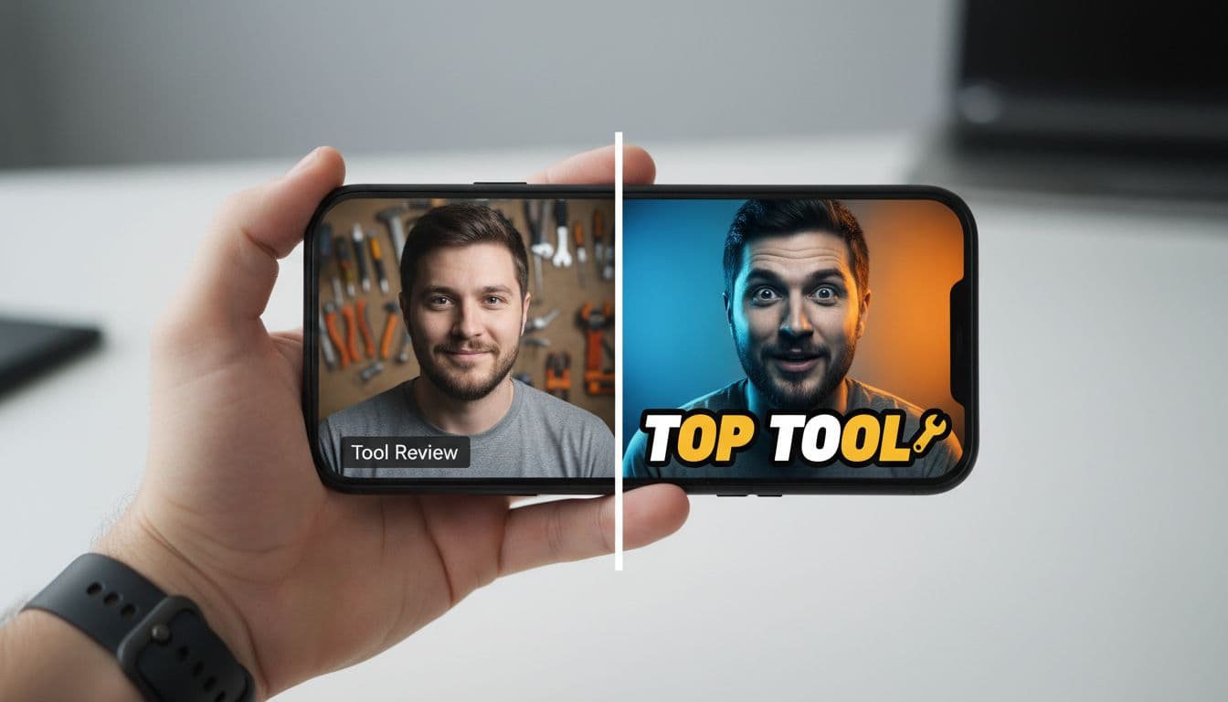 Split scene comparing plain and eye-catching YouTube thumbnails on a handheld phone screen, highlighting high contrast and bold text differences in modern flat design.