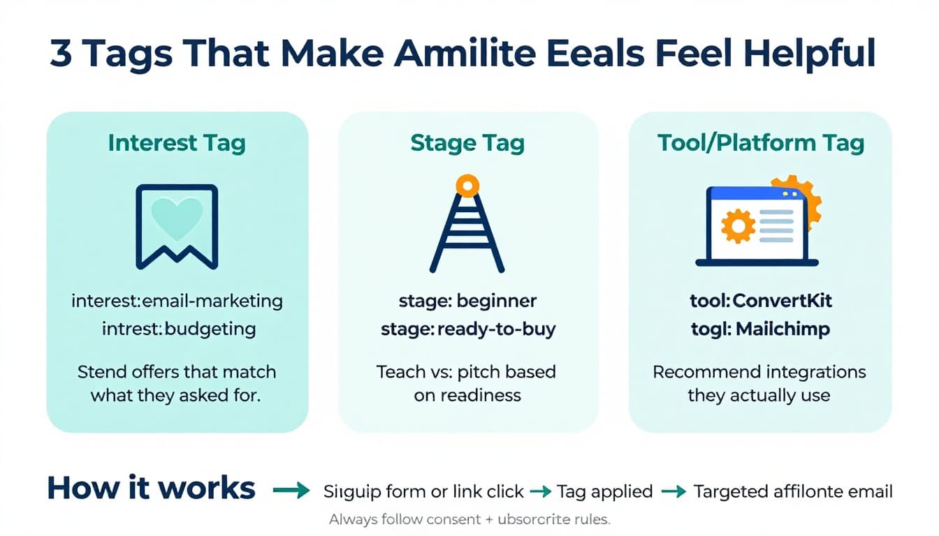 Clean modern landscape infographic explaining beginner email list segmentation using Interest, Stage, and Tool/Platform tags for affiliate emails, with icons, examples, workflow footer, and disclaimer on white background with teal, blue, orange accents.