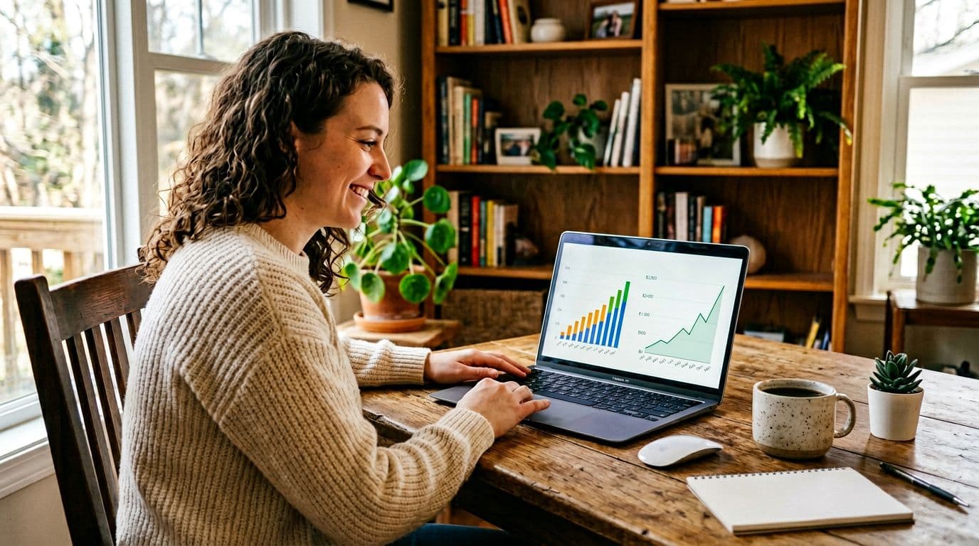 A single beginner affiliate marketer sits relaxed at a wooden desk in a cozy home office, laptop open to an email dashboard with rising subscriber growth and ClickBank earnings graphs, coffee mug nearby, bathed in natural daylight with warm tones.