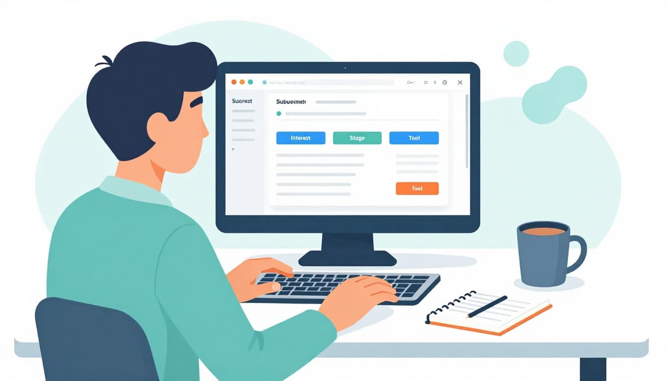 Clean, modern flat vector illustration of a beginner affiliate marketer at a simple desk with a laptop open to an email dashboard showing segmentation tags like Interest, Stage, and Tool. Cozy workspace with coffee mug and notebook on white background using teal, blue, and orange accents.