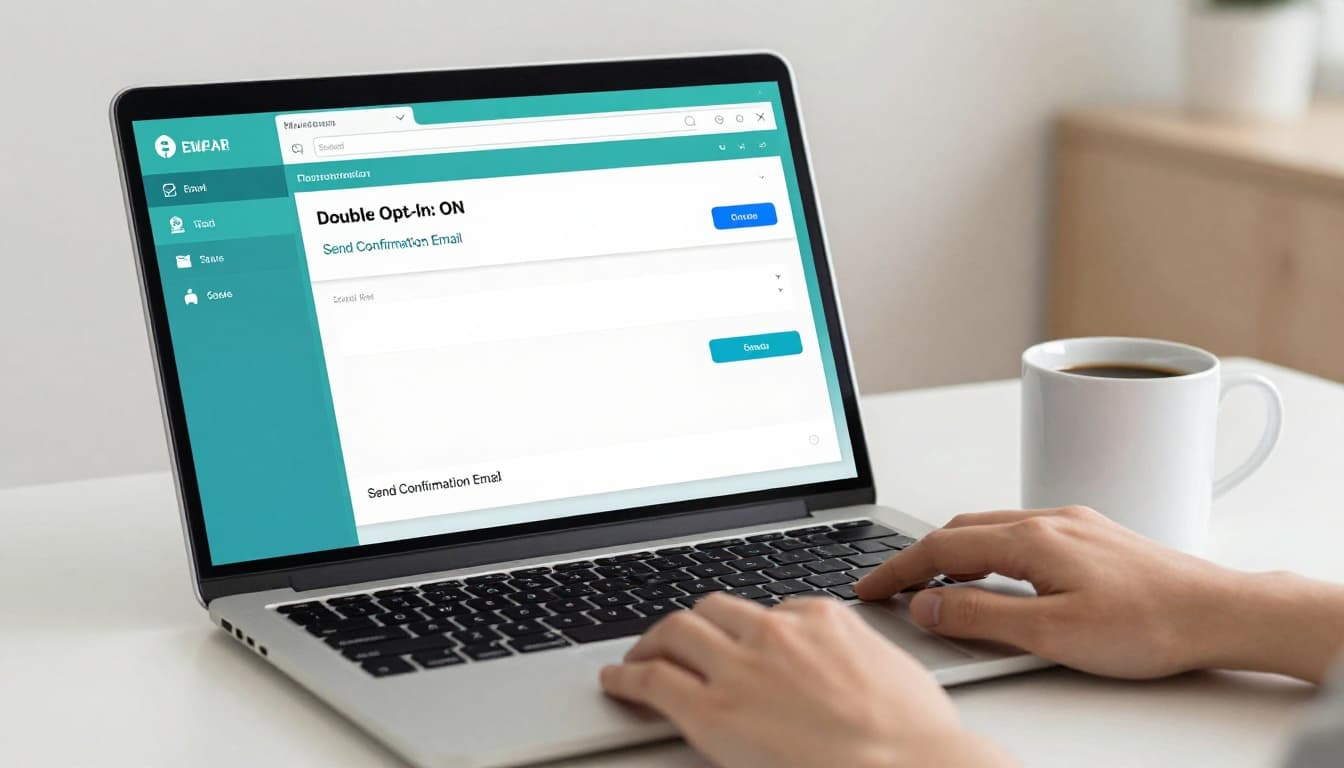 A laptop screen on a home office desk with a coffee mug displays a simplified email service provider dashboard where double opt-in is enabled, featuring a confirmation email template preview below.