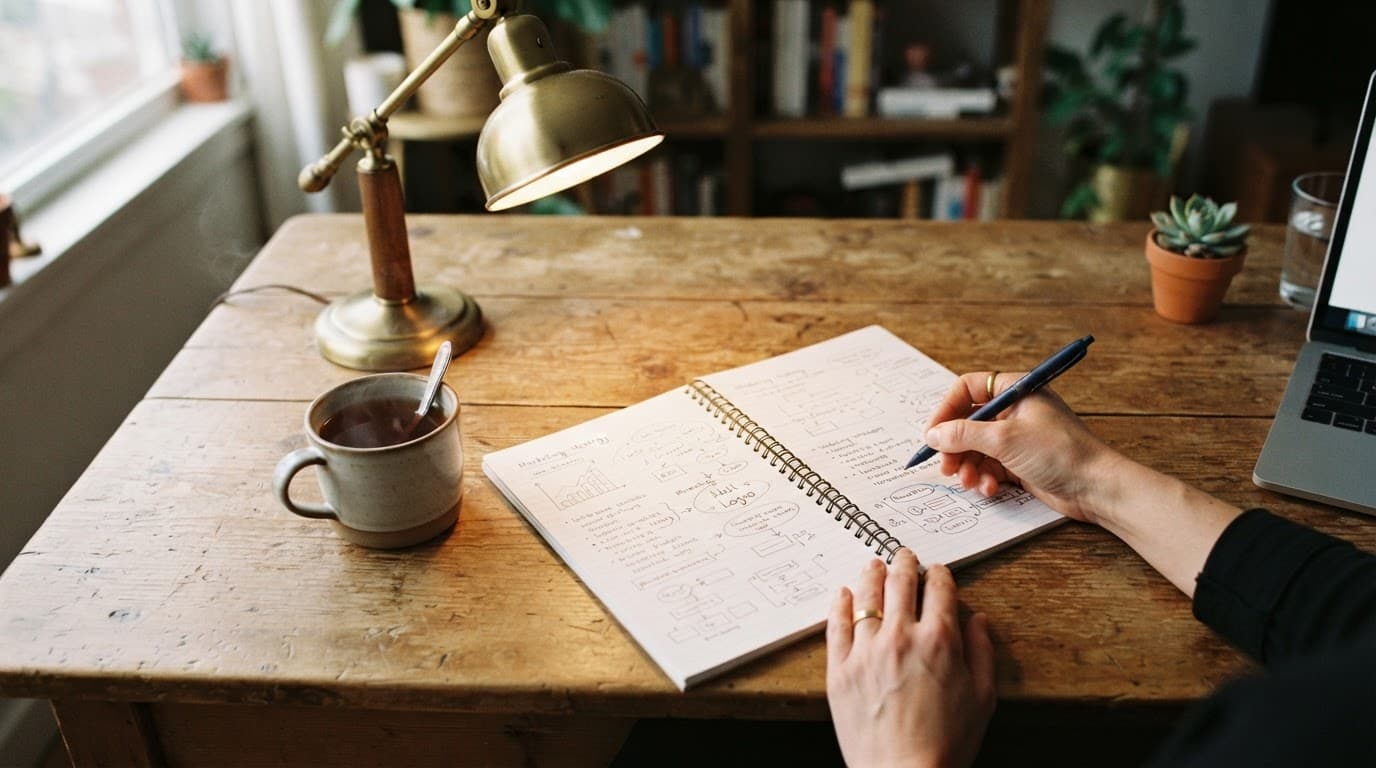 Best Way to Monetise a Blog With Income Streams That Fit Your Readers 2 A wooden desk with a strategy notebook, a cup of tea, and a glowing desk lamp.