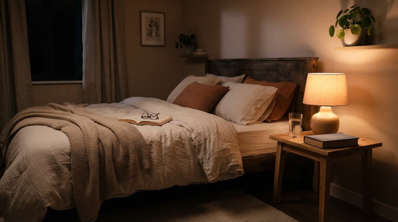 A cozy bed beside a wooden nightstand with a lamp, water glass, and book.