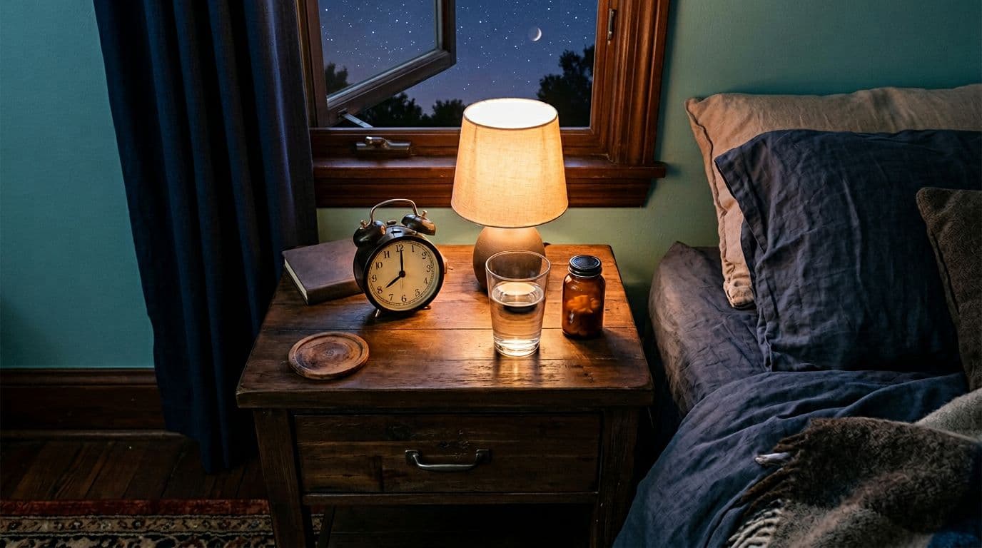 Top-down view of a cozy bedroom interior during early evening twilight, featuring a nightstand with an analog alarm clock at 8:00 PM, unlabeled supplement bottle, glass of water, warm amber bedside lamp, and curtains open to a starry sky.