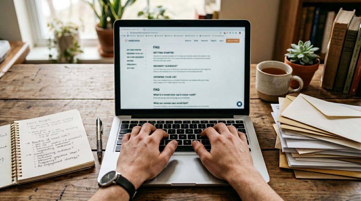 A cozy workspace shows an open laptop with a slightly out-of-focus FAQ page on email lists, a notebook with jotted questions, a growing stack of email envelopes, and relaxed hands on the keyboard bathed in natural light.