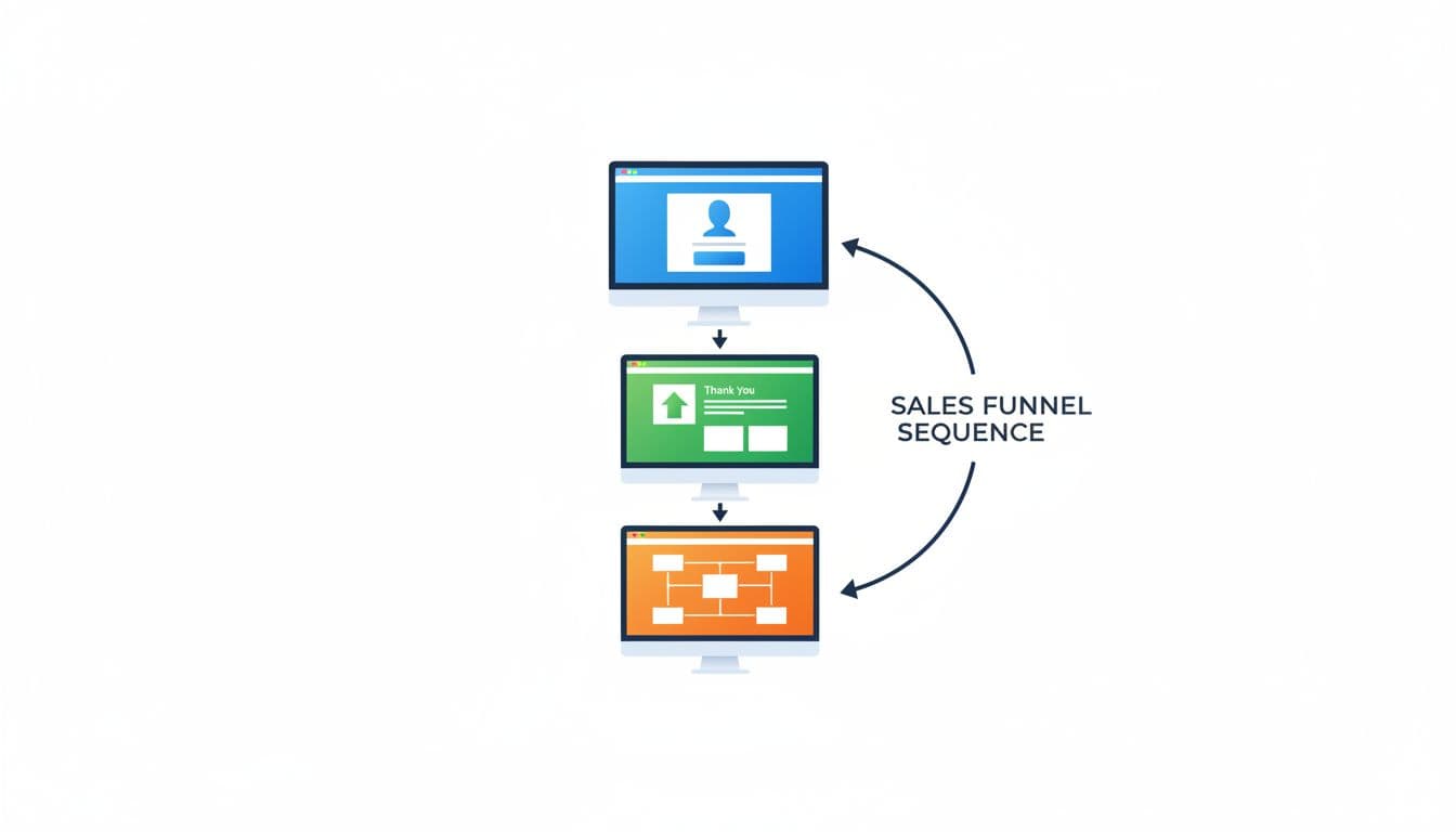 Pre-built sales funnel illustration depicting a landing page capturing email leads, thank you page with upsell offers, and backend sales path in clean modern web design on desktop view.