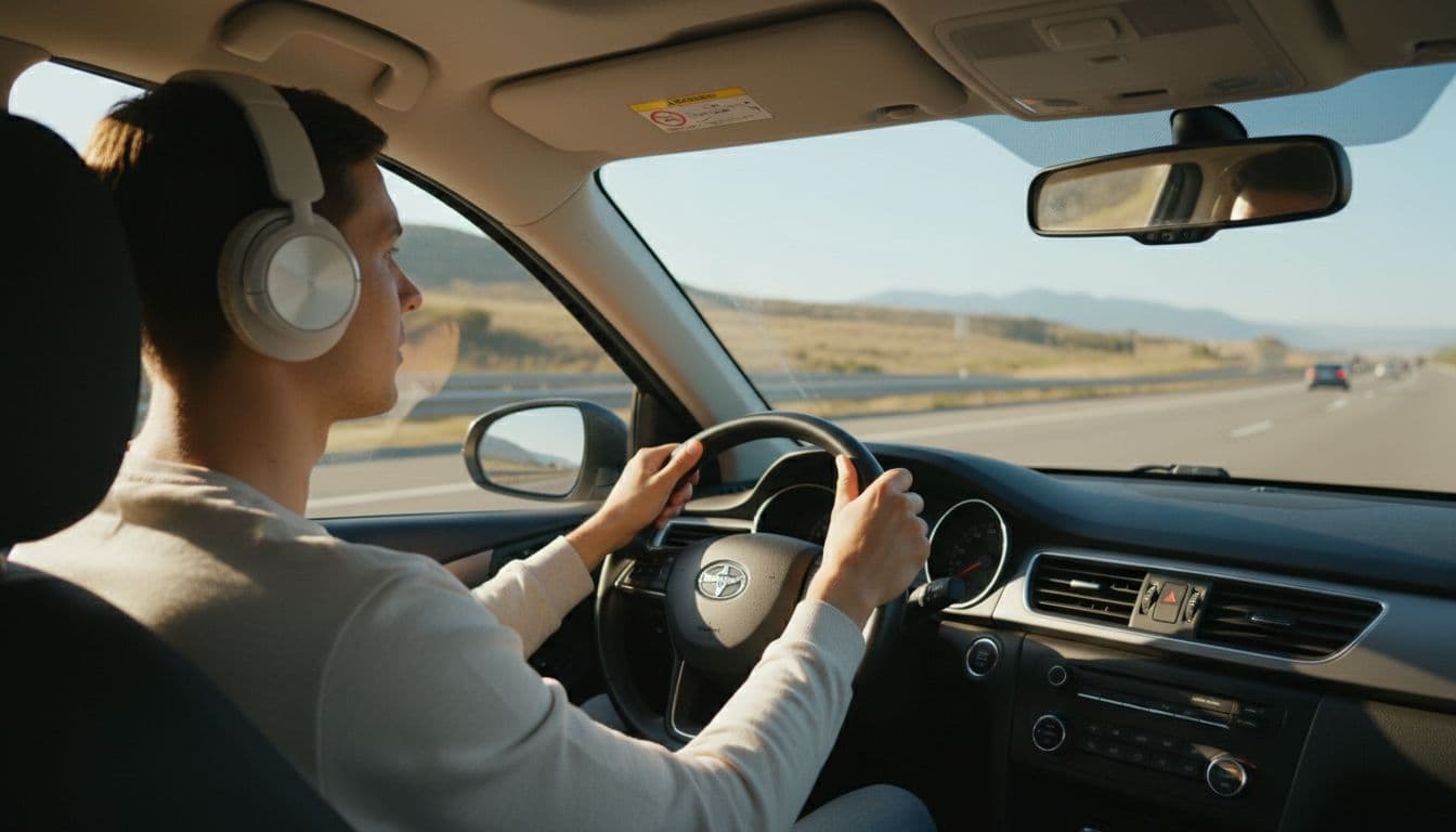 A focused driver wearing headphones steers a car on a sunny highway, captured from the passenger seat interior view with dashboard and road ahead visible under warm natural sunlight in photorealistic style.