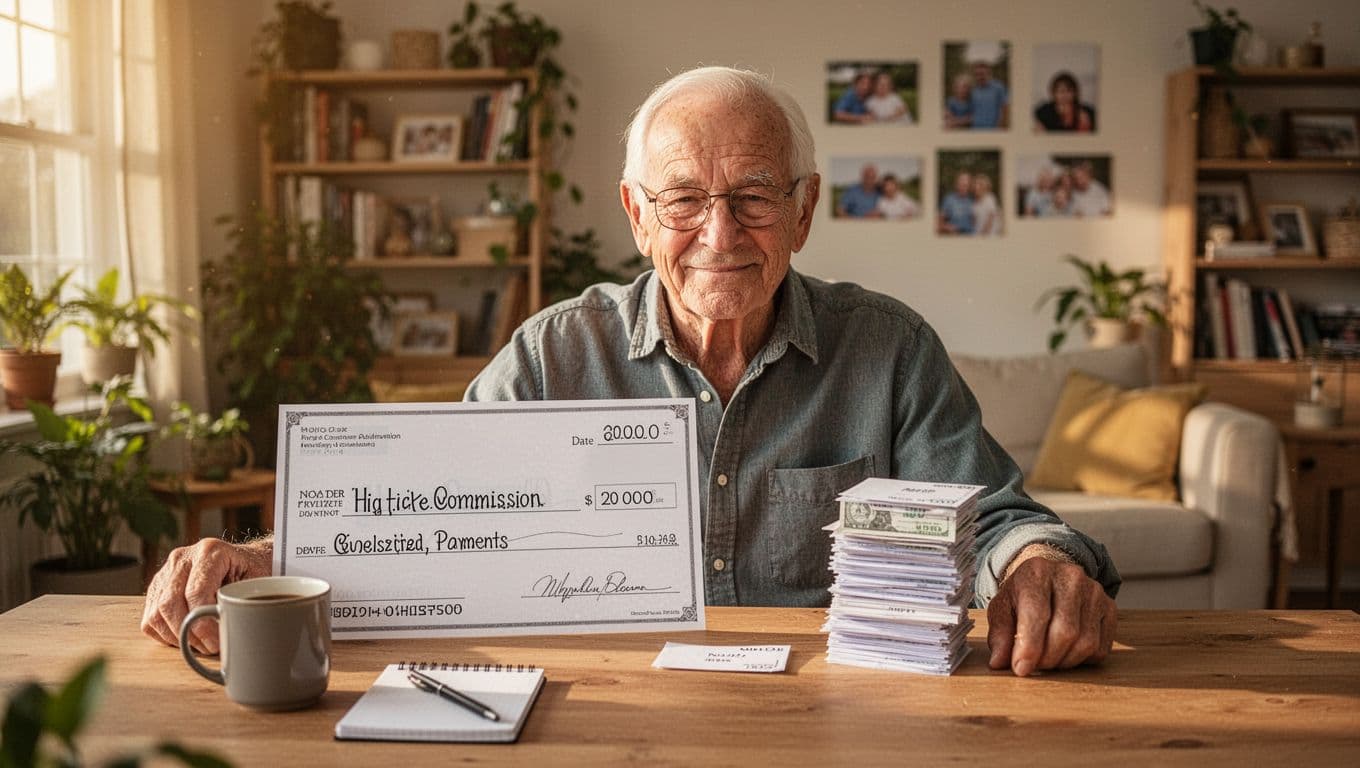 In a cozy living room, an elderly man in his late 60s sits at a wooden table, smiling thoughtfully at a large commission check and stack of monthly payment envelopes, with relaxed hands on the table edge.