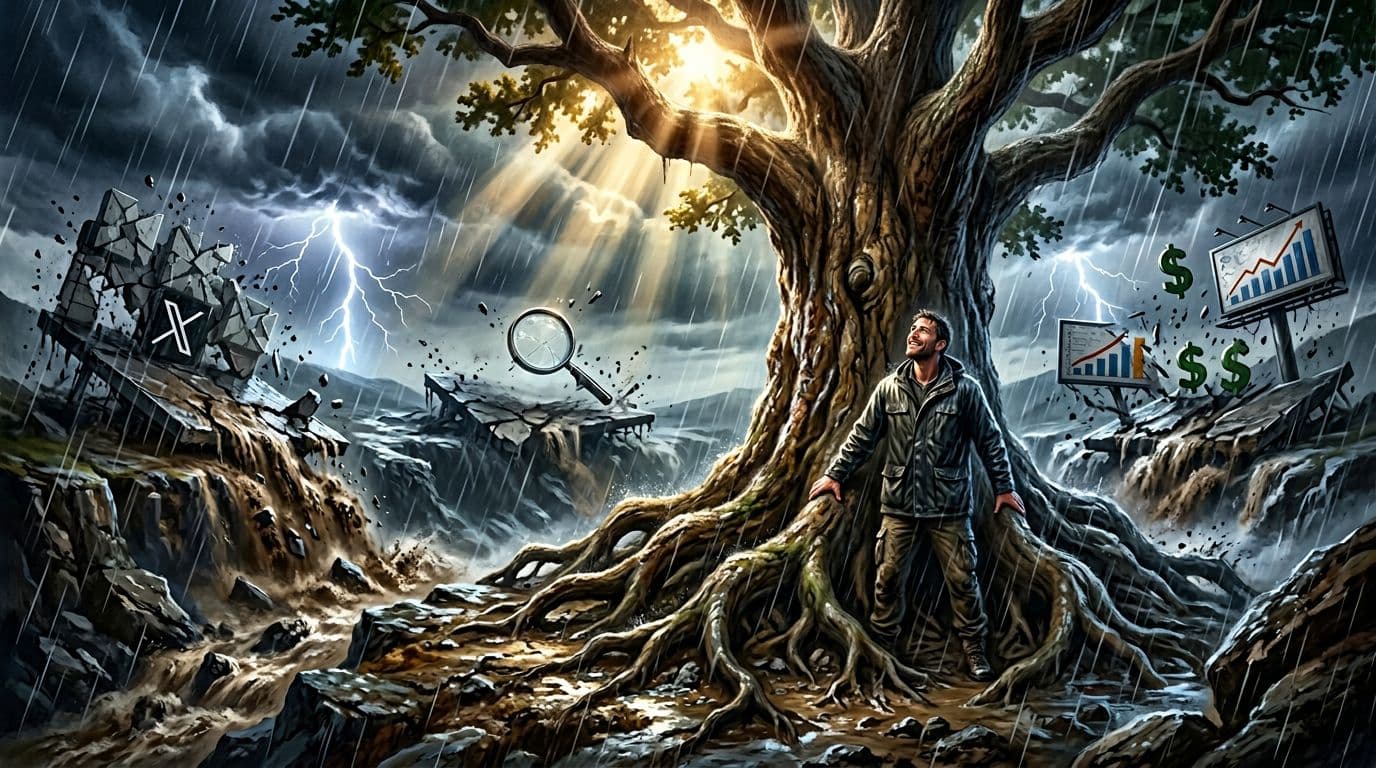Sturdy ancient tree with deep roots symbolizing email list stands firm in raging storm with lightning and heavy rain washing away crumbling social media, Google search, and ad accounts. Exactly one relieved person stands at the base looking up under dramatic stormy lighting with rays breaking through clouds.