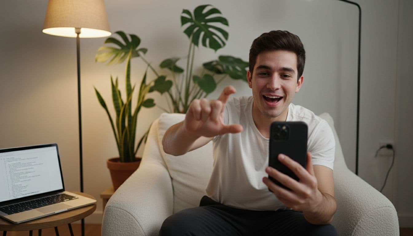 Person in comfortable chair excitedly speaks into phone camera for YouTube video, using hook gesture with dynamic energy. Simple background includes plants, lamp, warm side lighting, and nearby laptop with script notes.