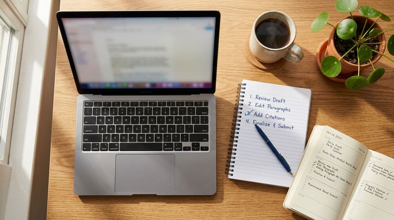 Flat lay view of a clean wooden desk with open laptop screen blurred, notepad, pen marking steps, calendar planner, coffee mug, small plant, and morning sunlight casting soft shadows in realistic product photography style.