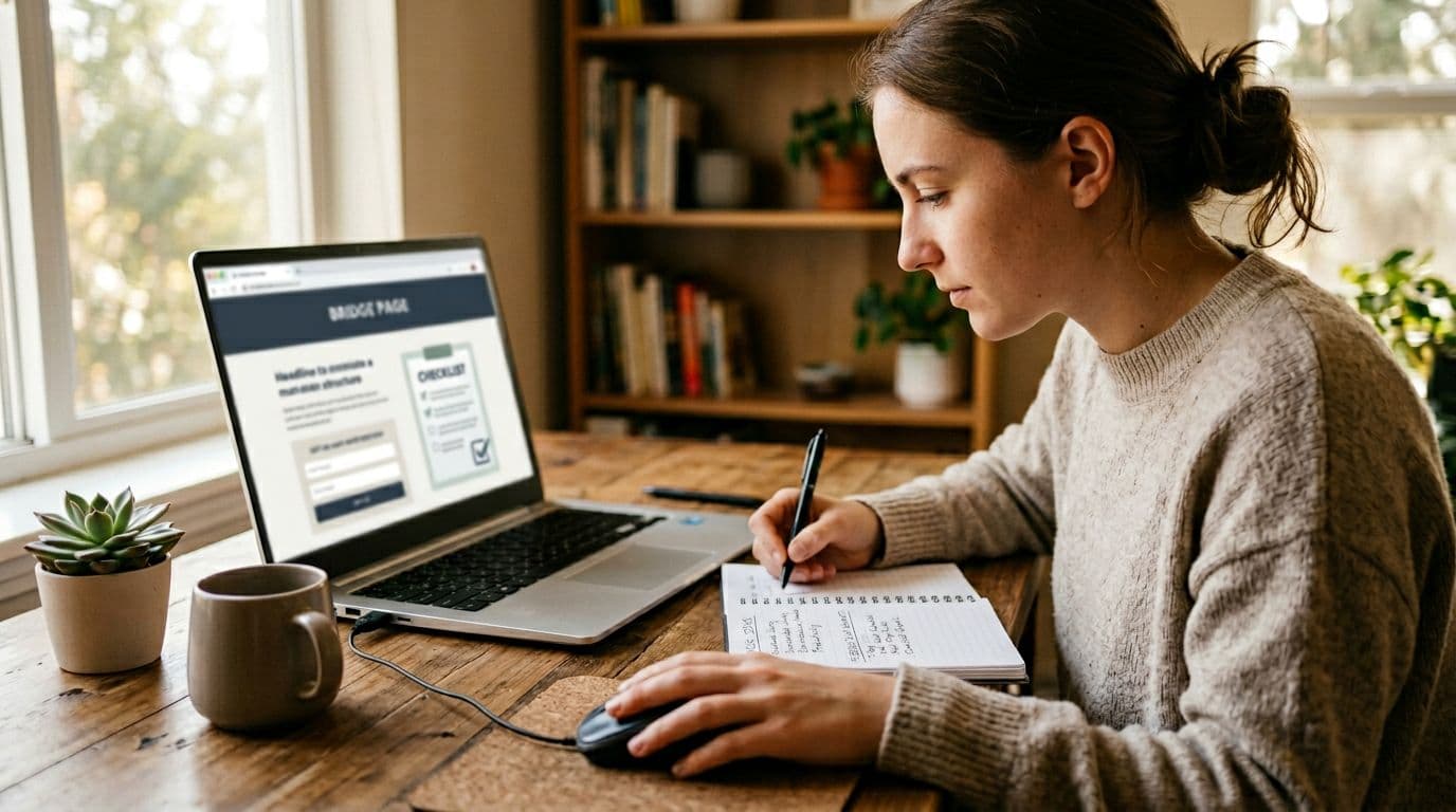 Exactly one focused beginner marketer at a home desk, laptop screen showing a blurred bridge page with opt-in form and lead magnet checklist preview, mouse in relaxed hand, notes on niche and freebie ideas nearby, soft window light, realistic photo style with warm tones.