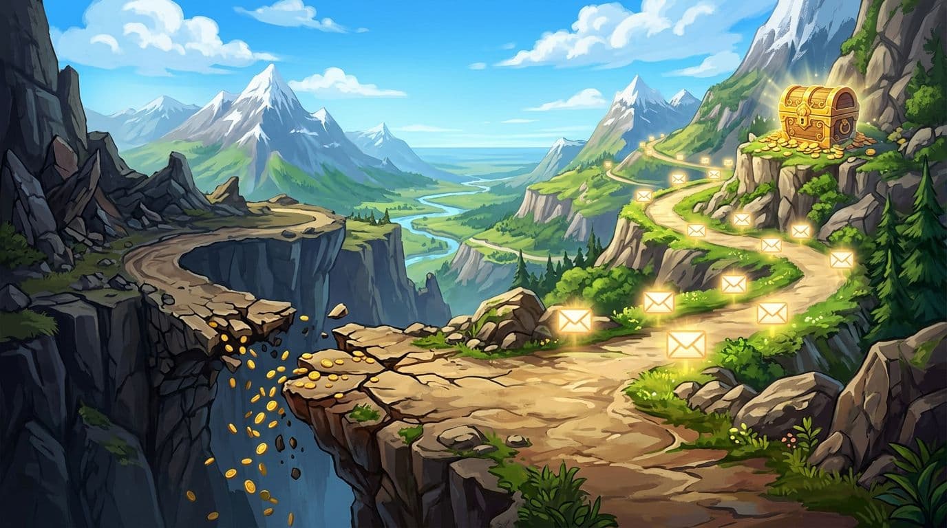 Scenic landscape with forked path: left crumbling into abyss with falling coins, right ascending safely lined with glowing email icons to golden chest of commissions, vibrant illustrative style.