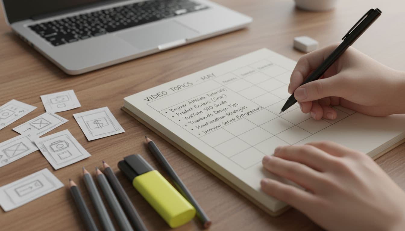 Close-up realistic photograph of hands writing a simple content calendar on paper, listing beginner affiliate tutorial topics, with thumbnail sketches, pencils, and highlighter on a wooden desk under soft lighting.