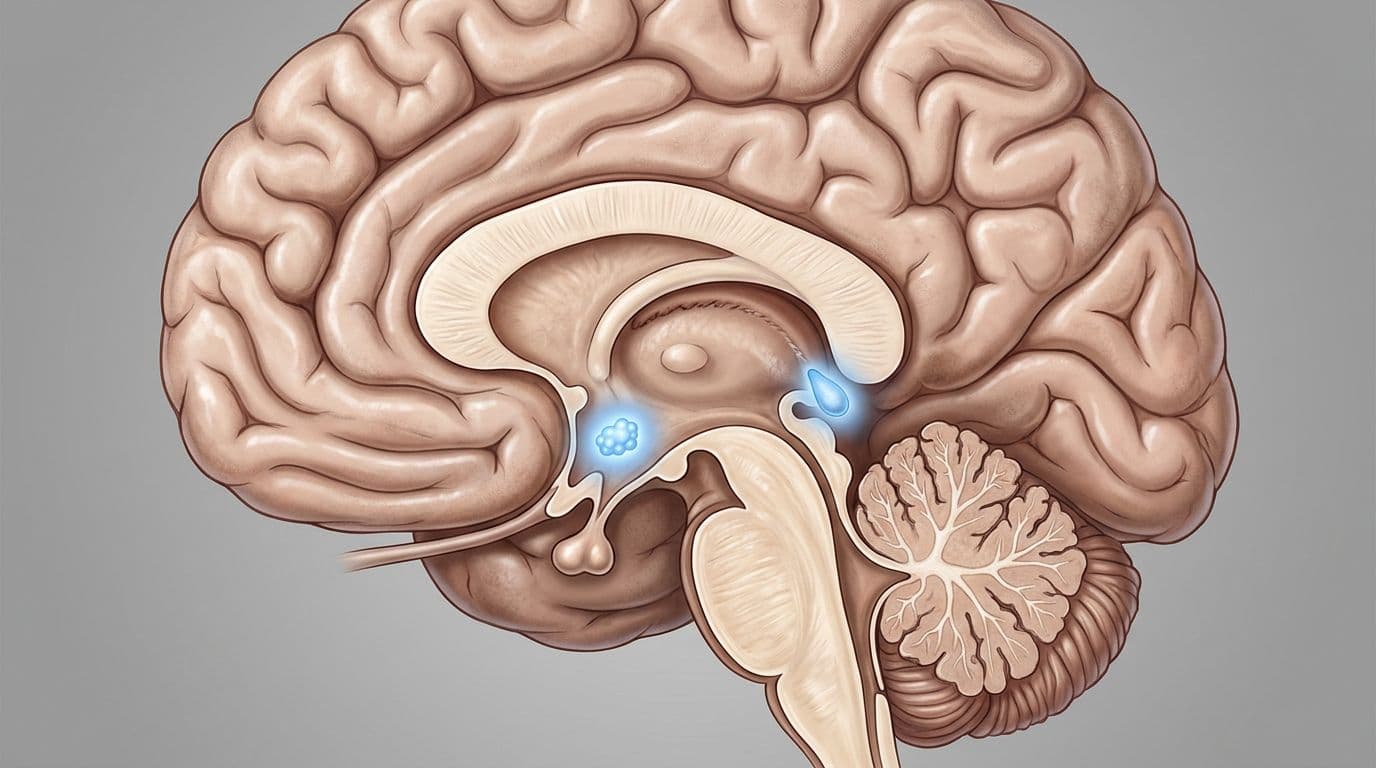 Realistic cross-section view of a human brain highlighting the suprachiasmatic nucleus and pineal gland glowing softly in blue to represent melatonin receptors, in a precise medical illustration style.