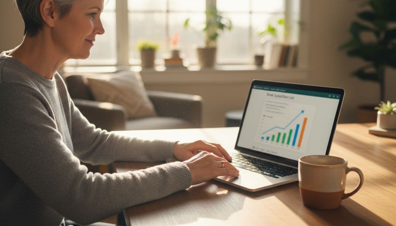A relaxed person in their mid-50s at a cozy home office desk views an email subscriber list dashboard on a laptop showing a blurred growth chart, with hands resting nearby and a coffee mug, illuminated by warm natural window light.