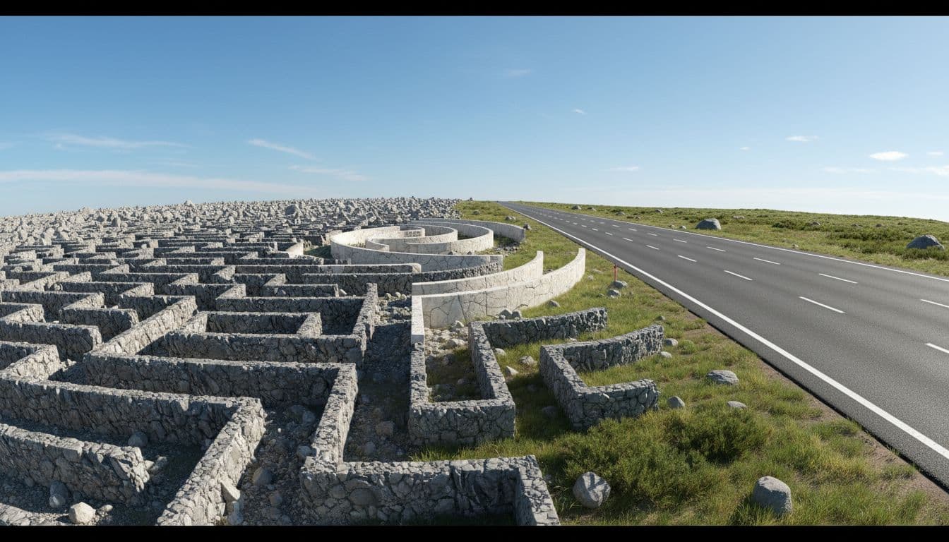 Photorealistic visual metaphor of a complex rocky maze path on the left fading into a smooth straight highway on the right, under a clear blue daytime sky.