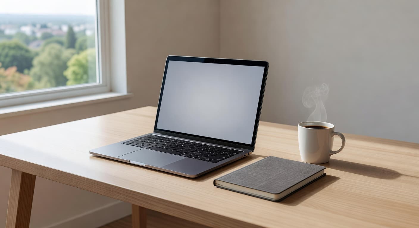 A sleek modern desk holds a laptop, spiral notebook, and a steaming coffee mug positioned near a window. These essential items create a professional environment for managing profitable affiliate marketing systems.