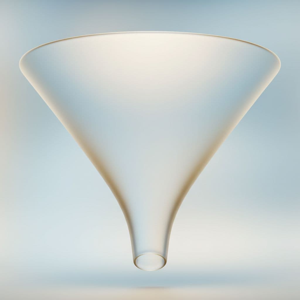 Your Lead Magnet Problem - It Gets Leads but No Buyers 1 A minimalist graphic displays a smooth, gradient funnel shape tapering from a wide top to a narrow base. Soft lighting illuminates the geometric structure against a clean, neutral background.