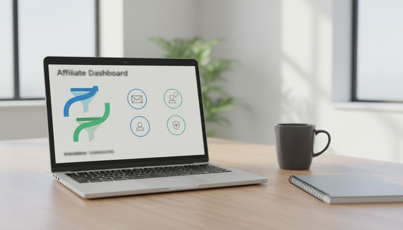 ClickBank Profit Club Founder Membership: What You Get for $495 2 Clean modern office desk setup with a centered laptop displaying a simple affiliate dashboard showing funnel graphs and email stats icons, notebook and coffee mug nearby, under natural daylight lighting in realistic photography style.