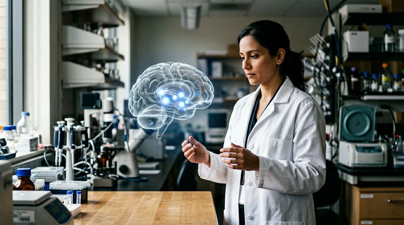 Scientist in white lab coat in modern neuroscience lab examines holographic human brain model with blue glowing spots on hypothalamus sleep receptors, focused expression, blurred lab equipment background, realistic photo with dramatic side lighting.