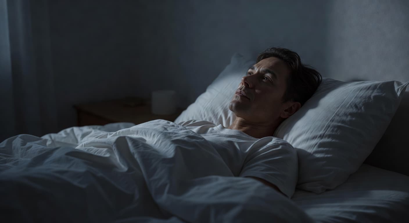 A calm individual lies awake in a cozy bed under soft moonlight. The quiet bedroom features dim shadows and comfortable bedding, capturing a serene moment during a sleepless night at home.