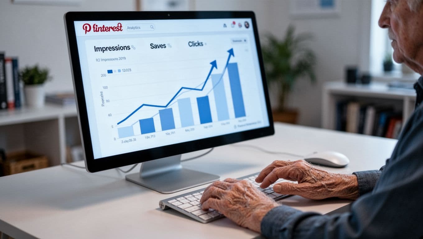 A realistic dashboard screenshot of Pinterest analytics on a computer screen at a slight angle on a desk, featuring abstract charts for impressions, saves, and clicks with rising arrows. Older hands lightly touch the mouse in a blurred home office background, in professional blue tones.