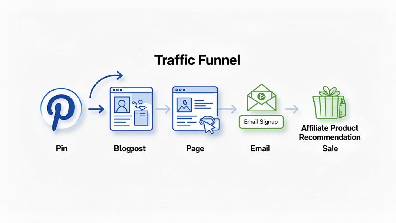 Simple infographic showing Pinterest traffic funnel from pin to blog page, email signup, and affiliate sale with clean blue-green line art icons on white background.