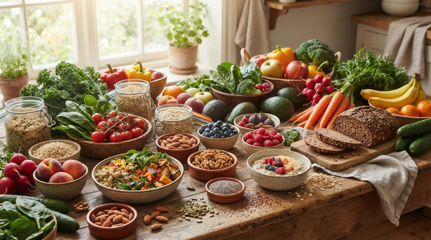 Fresh vegetables, fruit, grains, nuts, and seeds arranged on a wooden kitchen table.