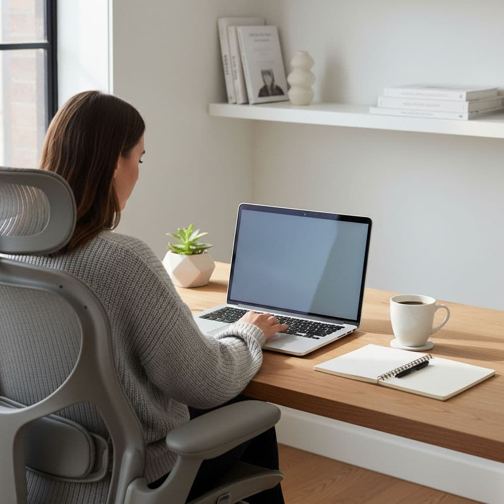 A person works on a laptop at a clean desk illuminated by soft morning light.